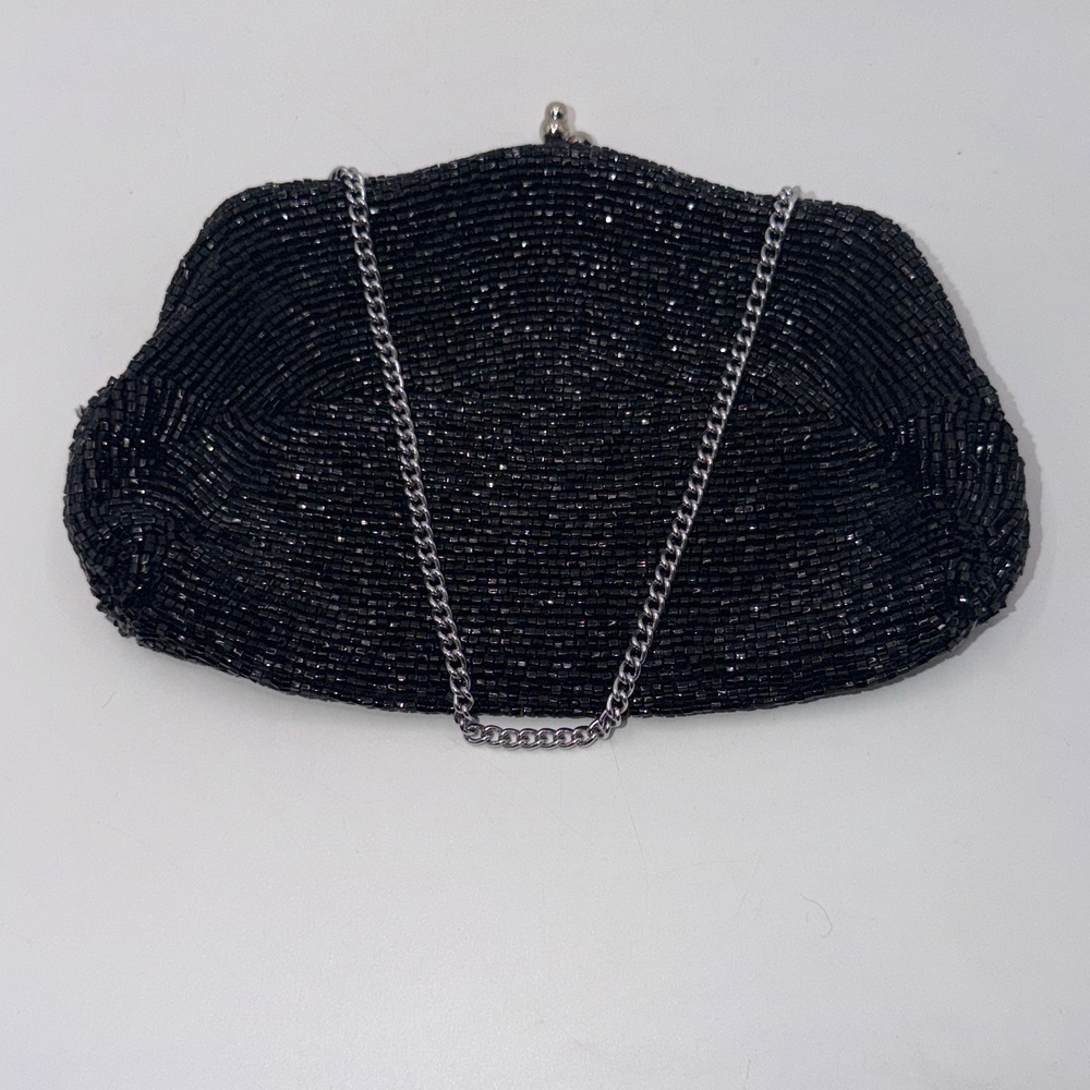 Black Bugle Beaded Evening Clutch Vintage Hollywood Glam Goth Formal Wedding